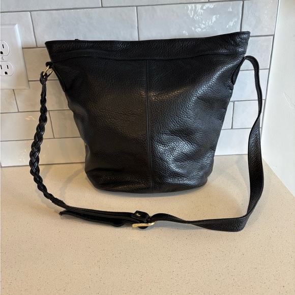 Black Pebbled Leather Bucket Bag Braided Strap Adjustable Shoulder Crossbody - Picture 1 of 11